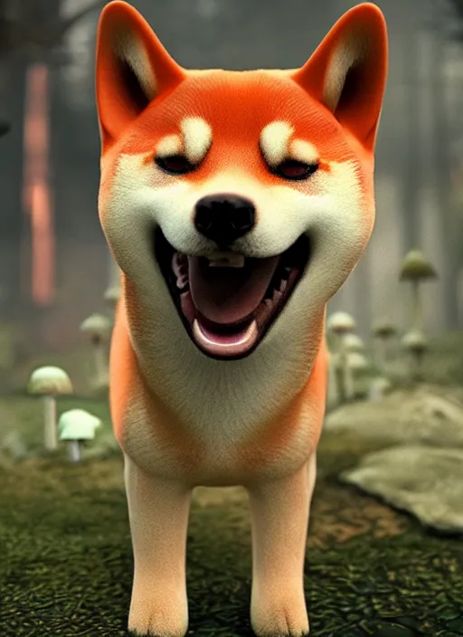 Prompt: shiba inu with mushrooms growing out of it's face. Very detailed 8k. Fantasy cyberpunk horror. Sharp. Cinematic post-processing