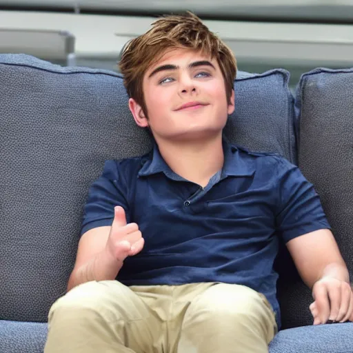 Prompt: chubby Zack Efron in sofa watching tv, realistic