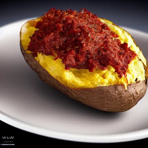 Image similar to loaded baked potato face, villian, cinematic, realistic photo, unsettling