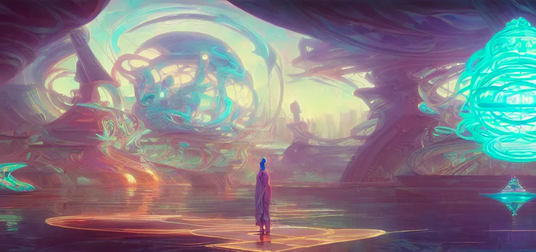 Image similar to a floating temple, channeling swirling energy, wearing netrunner clothing, vaporwave aesthetic, colorful, psychedelic, digital painting, artstation, concept art, smooth, sharp focus, illustration, art by artgerm and greg rutkowski and alphonse mucha