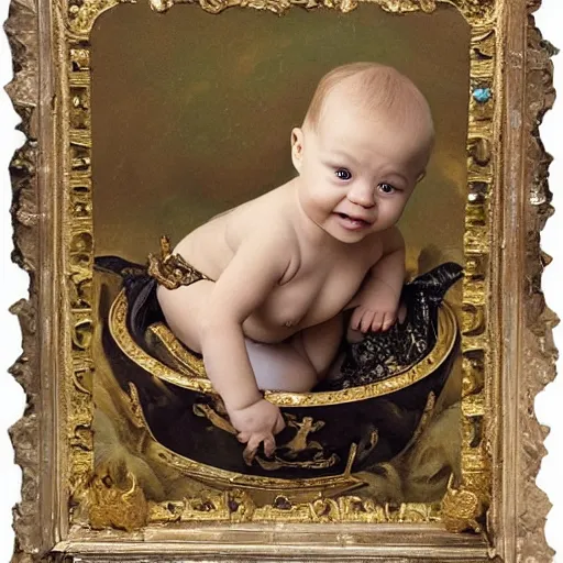 Prompt: a baby crawls away from a pile of jewels and toward a pile of coal in a throne room, detailed and realistic matte painting