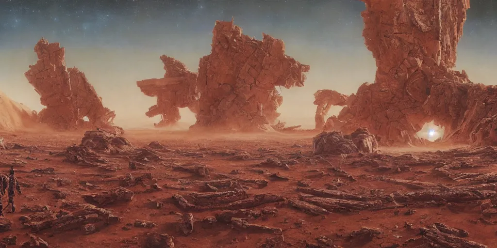 Image similar to supernova, neo brutalism space station ruins in the mars desert, accurate perspective, red trees, painted by steve mccurry, ruan jia, raymond swanland, lawrence alma tadema, zdzislaw beksinski, norman rockwell, jack kirby, tom lovell, alex malveda, greg staples