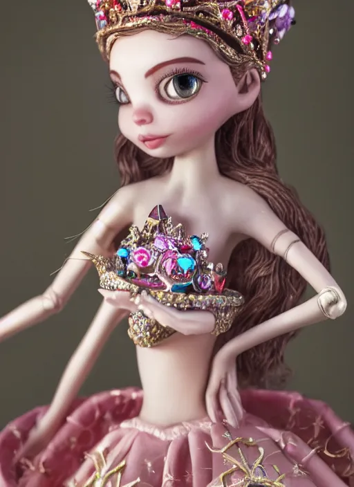 Image similar to closeup profile portrait of tin toy fairytale princess wearing a crown, bikini, depth of field, zeiss lens, detailed, symmetrical, centered, fashion photoshoot, by nicoletta ceccoli, mark ryden, lostfish, breathtaking, 8 k resolution, extremely detailed, beautiful, establishing shot, artistic, hyperrealistic, octane render