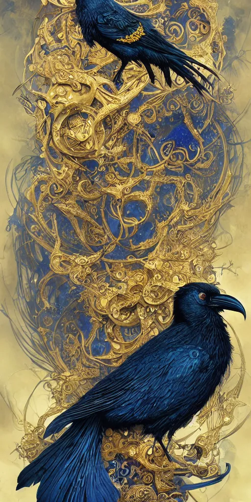 Image similar to a stunning interpretation of raven, highly detailed and intricate, golden ratio, blue colors, hypermaximalist, ornate, luxury, elite, horror, creepy, ominous, haunting, matte painting, cinematic, cgsociety, james jean, brian froud, ross tran