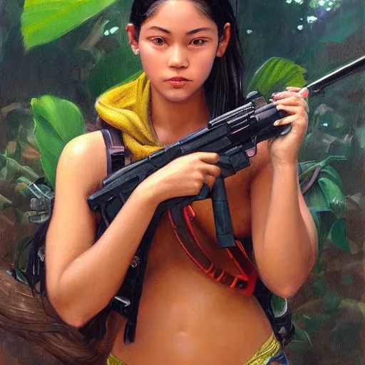 Prompt: a ultradetailed beautiful painting of a latina brazilian girl holding a gun in the amazonas by hsiao ron cheng, ngai victo, nivanh chanthara jean delville wlop and dougherty patrick, trending on artstation, scifi, futurism, postcapitalism, octane rendering, sharp focus, soft light