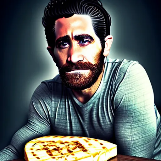 Prompt: food photography of jake gyllenhaal's face fused with halloumi cheese ( ( white halloumi cheese hybrid with jake gyllenhaal face ) ), jake gyllenhaal sentient cheese face fashioned from halloumi, by greg rutkowski