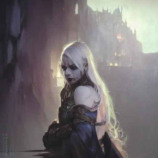 Image similar to closeup portrait of drow, dungeons and dragons character, dramatic lighting, castle background, gorgeous view, realistic, high detail, digital art, painted by greg rutkowski, painted by jeremy mann, painted by alphonse mucha, trending on artstation