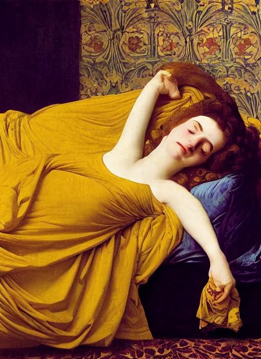 Image similar to masterpiece portrait of lady reclining on bed wearing yellow ochre ornate medieval dress, vertical, foreshortening, colour photography by frederic leighton, william morris, 8 k