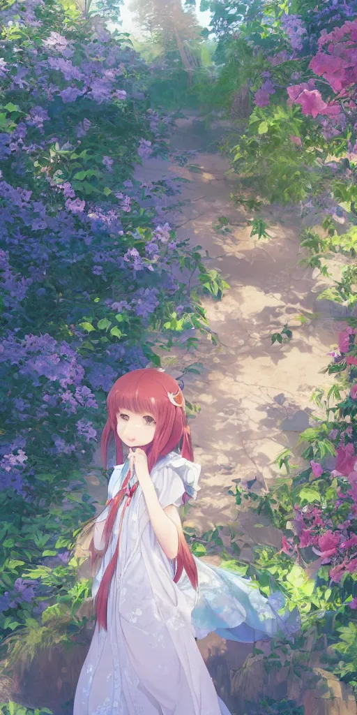 Image similar to a digital art full of atmosphere of a loli with long hair in a dress in the privet garden at after noon, green and warm theme, blue accents, low angle, back lighting, highly detailed, 4 k resolution, trending on art station, by krenz cushart and mucha and akihito yoshida and greg rutkowski and makoto shinkai