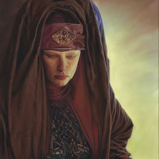 Prompt: portrait of a blindfolded priestess, by gerald brom, donato giancola, and berthold woltze.