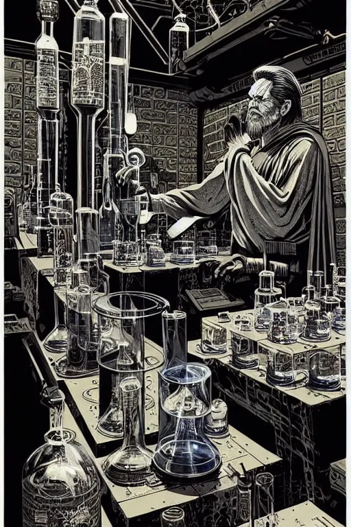 Image similar to ancient cloaked wizards mixing potions in his laboratory, high details, intricately detailed, by vincent di fate, inking, 3 color screen print, masterpiece, trending on artstation,, sharp, details, hyper - detailed, hd, 4 k, 8 k