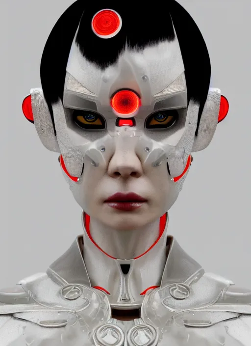 Image similar to close up portrait of a futuristic geisha cyborg, in the style of ghost in the shell, kintsugi, trending on artstation, modern fine art, fractal, intricate, elegant, highly detailed, digital photography, richard avedon and greg rutkowski,