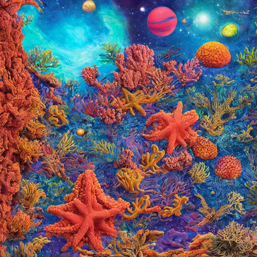 Prompt: album art of an alien planet made out of different coloured corals, with big starfish, creatures, omni magazine, detailed