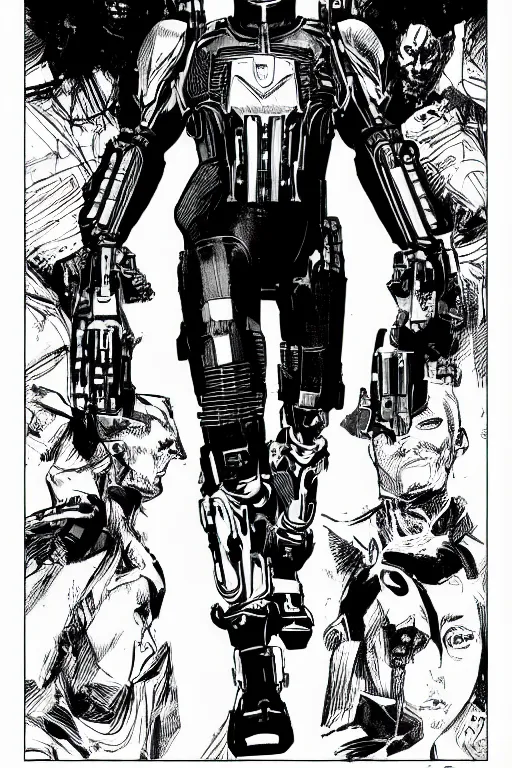 Image similar to ultron standing heroically, a page from cyberpunk 2 0 2 0, style of paolo parente, style of mike jackson, adam smasher, johnny silverhand, 1 9 9 0 s comic book style, white background, ink drawing, black and white