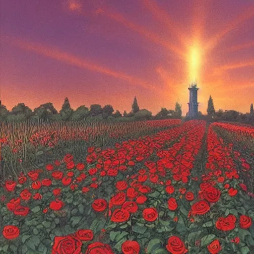 Prompt: There is a tall dark foreboding tower in the distance with vibrant beams of light spreading out and filling the sky and clouds. It is surrounded by a field of vibrant red roses. The sun is setting. By Gerald Brom
