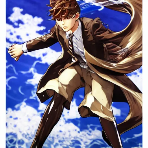 Image similar to epic battle brown haired boy summons a huge wave of water. jc leyendecker shigenori soejima.