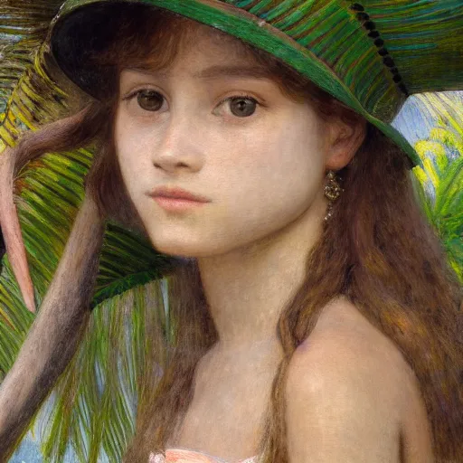 Image similar to a ultradetailed beautiful painting of a girl in the amazonas palace balustrade designed by jules bastien - lepage, tarsila do amaral, frank weston and gustave baumann, beach, trending on artstation, mediterranean, palm trees, hyper detailed face, sharp focus, soft light, 8 k 4 k