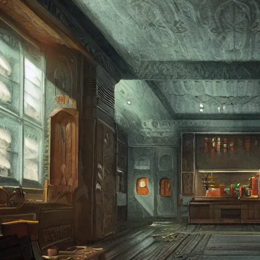 Image similar to detailed painting of a minoru nomata interior, ornaments, artstation, cinematic
