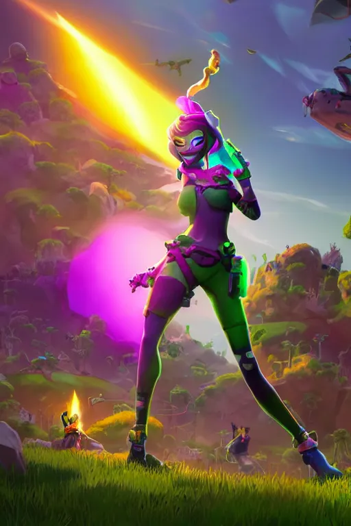 Prompt: fornite lady epic game design fanart by concept artist gervasio canda battle royale kaws radiating a glowing aura global illumination ray tracing hdr render in unreal engine 5