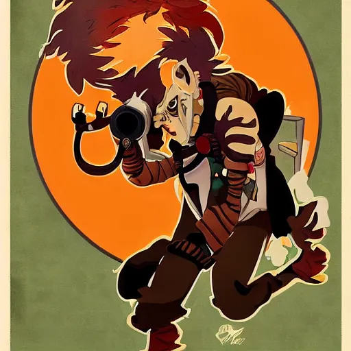 Image similar to junkrat from overwatch in the style of a 1 9 6 0 s art nouveau poster