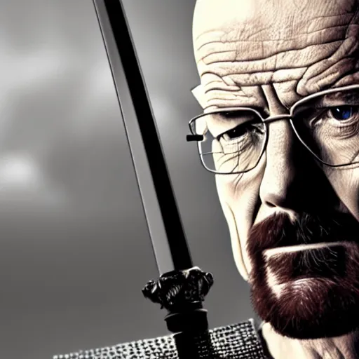 Prompt: walter white from breaking bad wearing knight armor and holding a sword, 4 k, hyper realistic, still, portrait