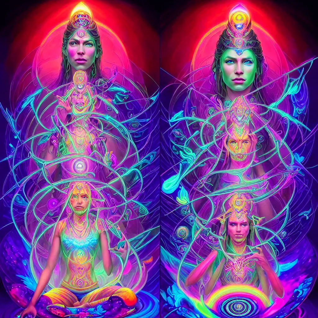 Image similar to epic scale cinematic full centered view chromaticity dmt goddess alex grey character concept of a beautiful colorful crystals powder liquids, glowing fluorescent velvet neon blacklight hues and saturation, sacred dmt color goddess visionary fantasy art by greg rutkowski android jones artgerm alphonse max chroma rule of thirds golden ratio sacred geometry ai generated art centered symmetrical threefold symmetry