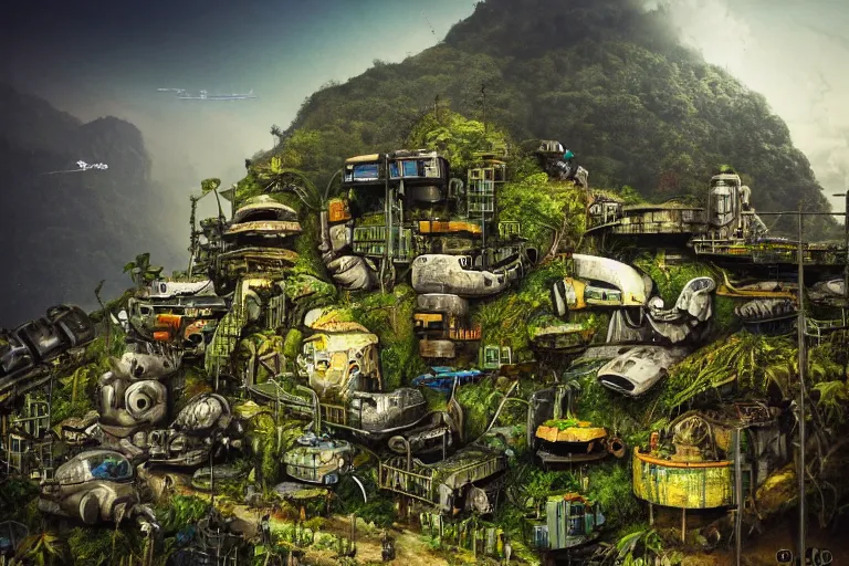 Image similar to sci - fi favela sculpture, wartime jungle environment, industrial factory, cliffs, sunny, milky way, award winning art, epic dreamlike fantasy landscape, ultra realistic,