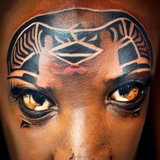 Image similar to 8 k award winning portrait photo of an african beauty with tribal tattoos, riding on elephant