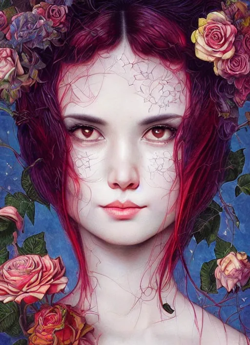 Image similar to lisa ann, cat eye, botanical, rose, portrait face, colorful, kupka, intricate, miles johnston, kuroda seiki, ozabu, godward, painterly, yoshitaka amano, moebius, miles johnston, louise zhang, james jean, mark ryden lowbrow pop surrealism art style