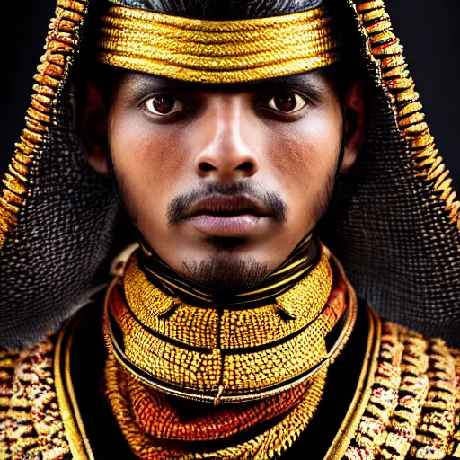 Prompt: a portrait of a beautiful young sinhalese male wearing an alexander mcqueen armor , photographed by andrew thomas huang, artistic