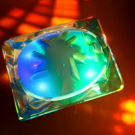Prompt: Macro Shot of Clear Ice with light reflecting and bouncing inside, hyperrealistic rendering, subsurface scattering, raytracing, pathtracing, illumination, magical lighting, hearthstone card game artwork