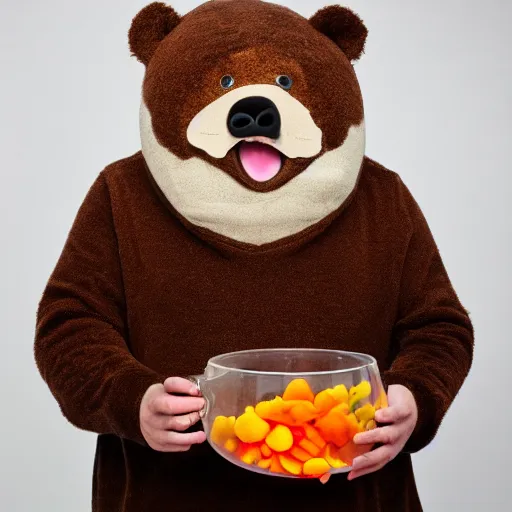 Prompt: a grumpy human man wearing a bear costume, holding a fish bowl with a goldfish in it, photography, prize winning