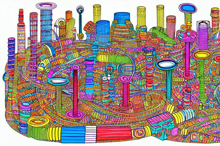 Image similar to an elaborate penned child illustration of a colorful intricate connected city of tubes and pipes, by martin handford and by jan van haasteren