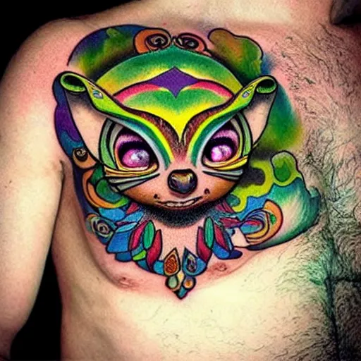 Image similar to shoulder tattoo of a multicolored psychedelic cute bush baby, eyes are colorful spirals, surrounded with colorful magic mushrooms and rainbowcolored marihuana leaves, insanely integrate