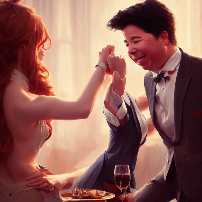 Image similar to michael mcintyre flirting with a singing waitress, elegant, real life skin, intricate artwork, high detailed, artstation, concept art, smooth, sharp focus, art by artgerm and greg rutkowski