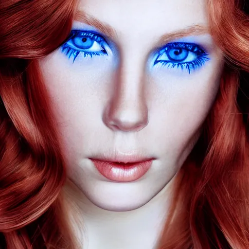 Prompt: Close up 35mm nikon photo of the left side of the head of a blond photomodel with gorgeous blue eyes and wavy long red hair, who looks directly at the camera,.