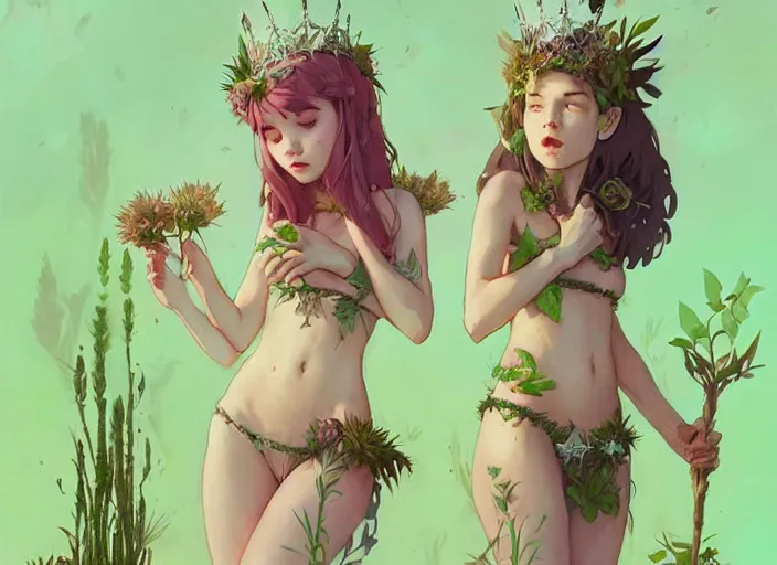 Image similar to two cute fairy girls with crown of flowers in plants bikini covered with celtic rune tattoos, fantasy, by atey ghailan, by greg rutkowski, by greg tocchini, by james gilleard, by joe gb fenton, by in kaethe butcher, dynamic lighting, gradient light green, brown, blonde cream and white color in scheme, grunge aesthetic