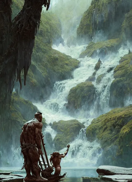 Image similar to huge hulking brute swamp demon king like martyn ford and rich piana standing by river canadian rockies midday by sergey kolesov and lawrence alma tadema and norman rockwell and greg staples and craig mullins and john berkey and ruan jia, artstation creature art