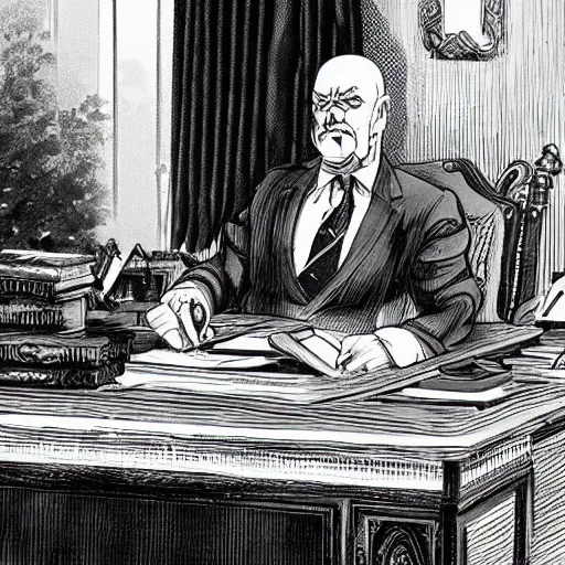 Prompt: president griffith from berserk at his white house oval office desk