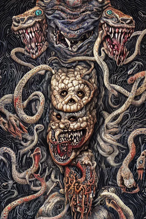 Prompt: hyper - detailed high painting of giant heads joined by snakes, the heads are open they have spiked scales and sharp teeth, the mouth is open and monstrous beings of all kinds run and scream, horror surreal art cosmic horror weird bizarre art psycho visions