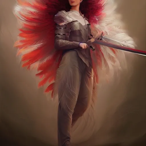 Prompt: a painting of a woman who made of curly white and transparent feathers cloud with red edges is holding a sword, a digital painting by charlie bowater, trending on artstation, metaphysical painting, speedpainting, made of feathers, digital painting, holographic undertones, highly saturated colors, 4 k, digital art, concept art, trending on artstation