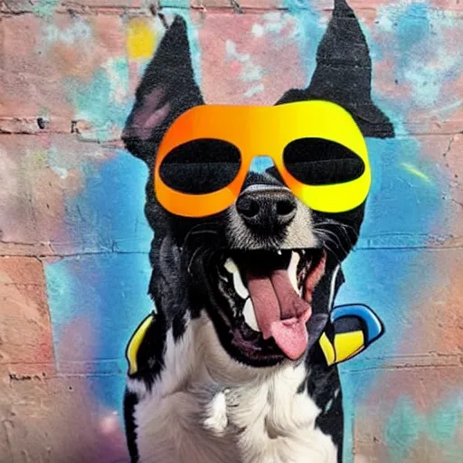 Prompt: a happy dog with sunglasses in the style of graffiti art