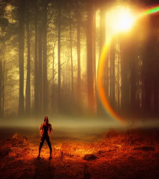Prompt: night flashlight photography of the symmetric daydreaming of the big sun glare, fluid big cotton sheets floating in the center of the air, cyberpunk forest, majestic light, octane render, beauty fog, ethereal glare of the sun, raining rainbow, volumetric lighting, hyperealistic, epic, masterpiece