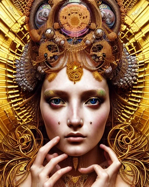 Image similar to hyperrealistic detailed portrait of a beautiful goddess in an intricate golden ornamental ritual headdress, intricate cyberpunk make - up, golden face tattoos, insane details, art by ernst haeckel, nekro borja, android jones, alphonso mucha, john william godward, gothic - cyberpunk, beautiful deep colours,