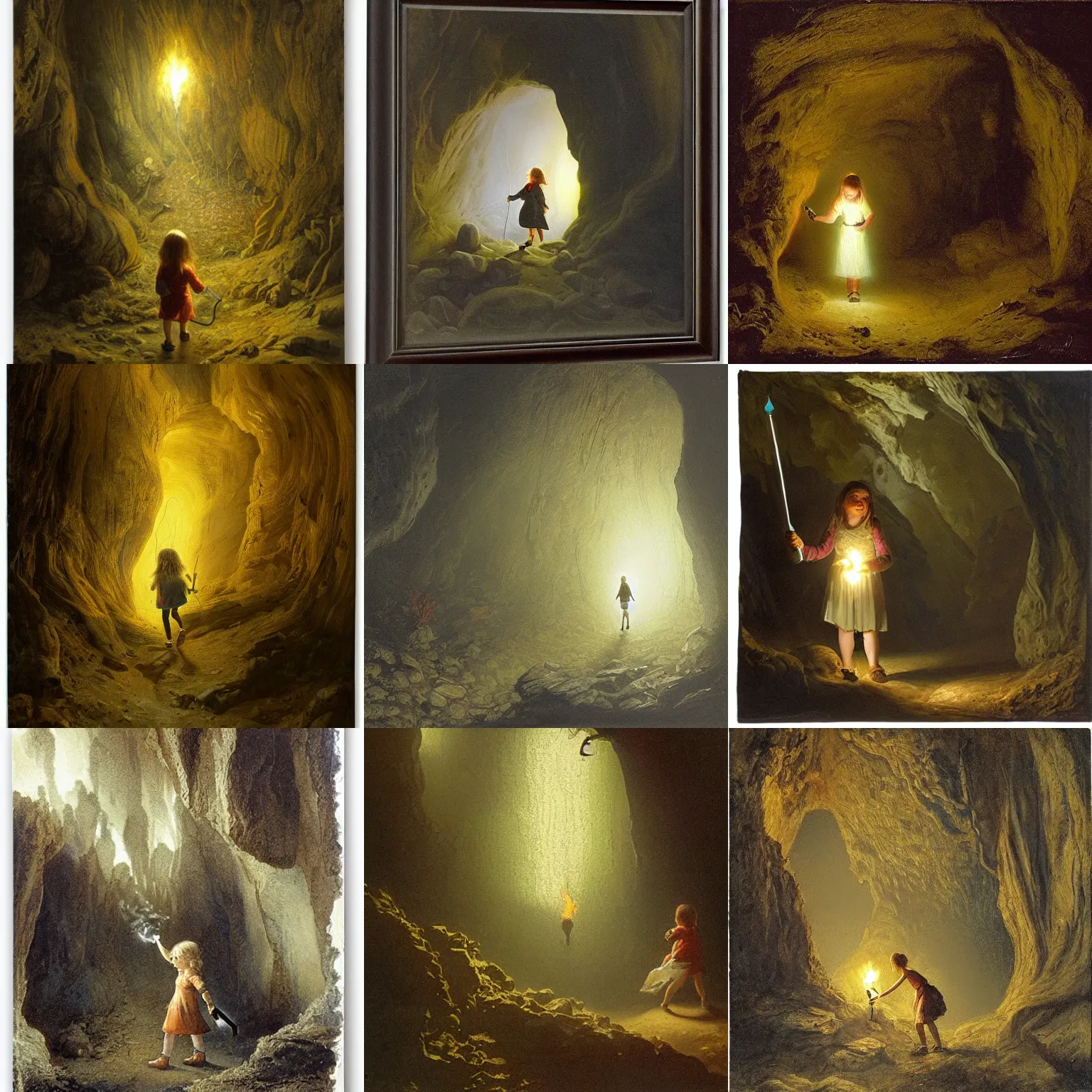 Prompt: a girl with a torch walking through a cave, the girl is scared, by shishkin, ivan