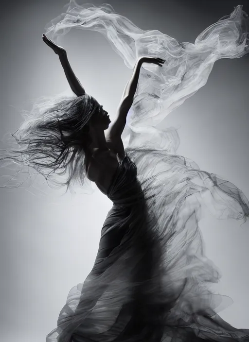 Image similar to a Photorealistic dramatic hyperrealistic render of a beautiful Female smoke dancer by Ken Brower and Deborah Ory of NYC Dance project,Lois Greenfield,Flowing cloth and smoke,Beautiful dynamic dramatic dark moody lighting,volumetric,shadows,cinematic atmosphere,Octane render,8K