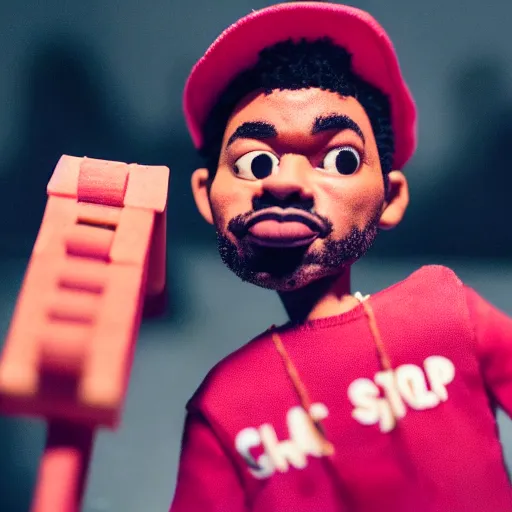 Image similar to a cinematic film still of a claymation stop motion film starring chance the rapper as a college student, shallow depth of field, 8 0 mm, f 1. 8