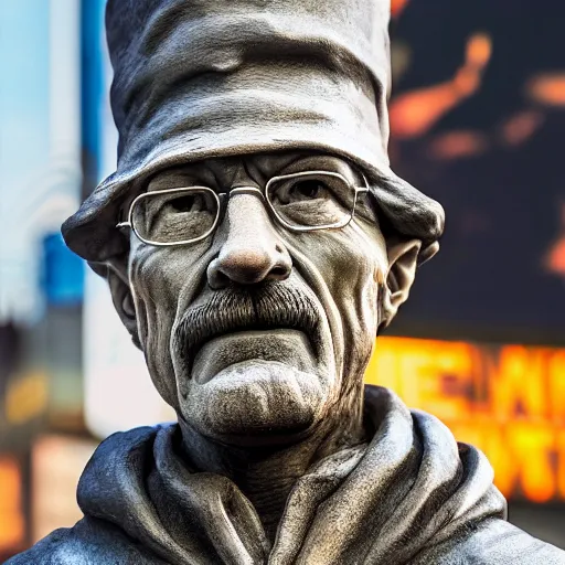 Prompt: a photograph of a very detailed renaissance sculpture of walter white wearing a smurf hat standing in times square, made by michelangelo, from the distance, hyper detailed, sharp focus, 8 k resolution, ray tracing