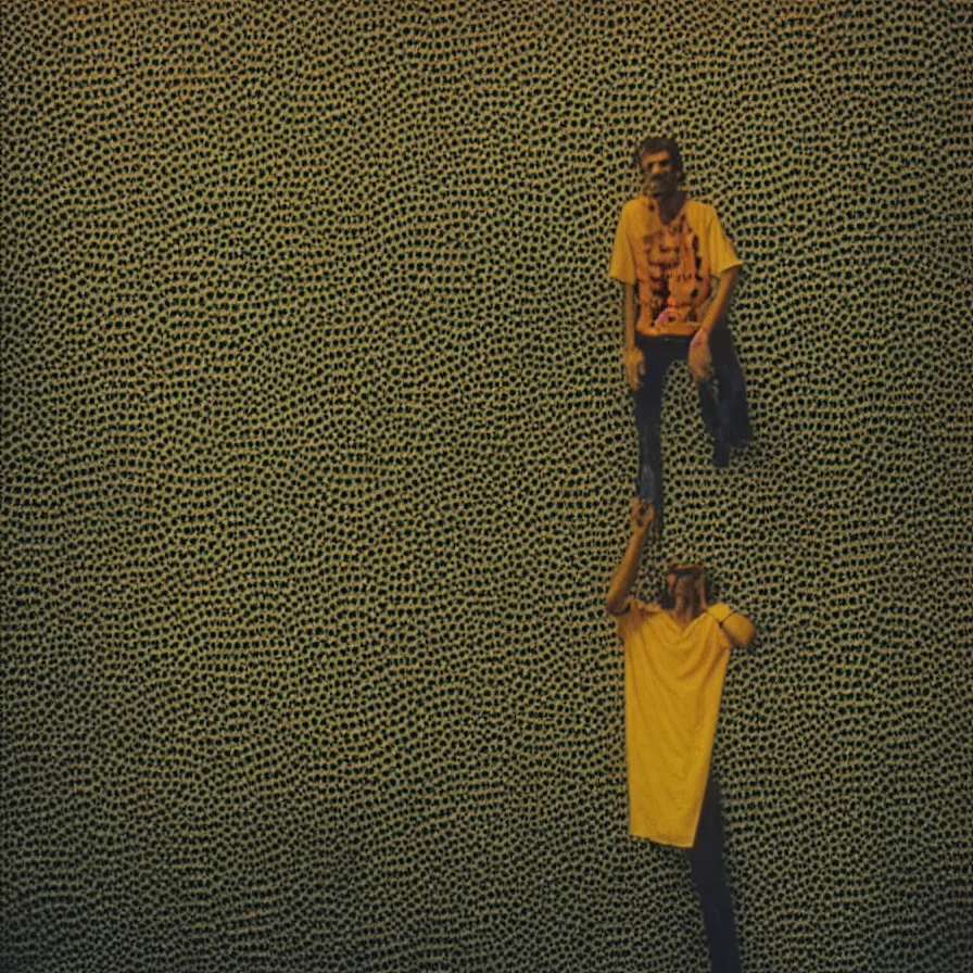 Image similar to 7 0 s movie still large shot of a skinny man with trypophobia in a yellow wall soviet tunnel, cinestill 8 0 0 t 3 5 mm eastmancolor, heavy grain, high quality, high detail