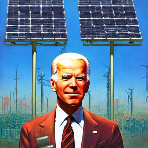 Image similar to solarpunk soviet propaganda of joe biden standing in front of solar panels by j. c. leyendecker, bosch, lisa frank, jon mcnaughton, and beksinski